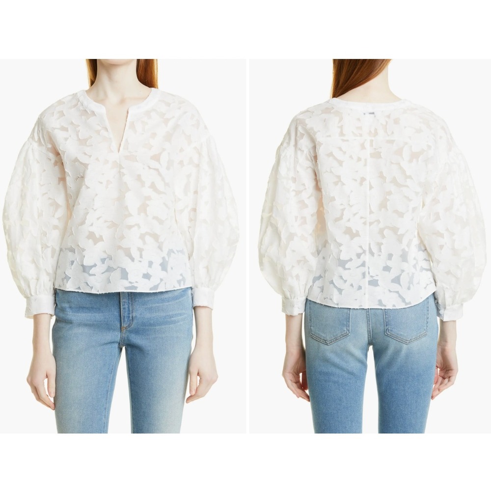 Club Monaco White Floral Embroidered Puff Sleeve V Neck Blouse Top Size S‎ P